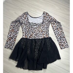 Arshiner Kids Girls Leopard Print Long Sleeve Dance Dress Leotard Tutu Skirt